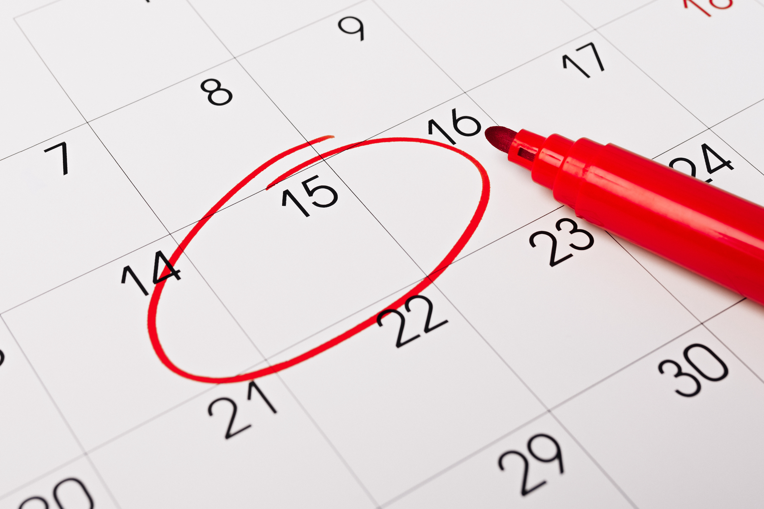 Calendar page with red pen close up. Focus on number 15 in calendar and empty red circle for design in your ideas and work concept